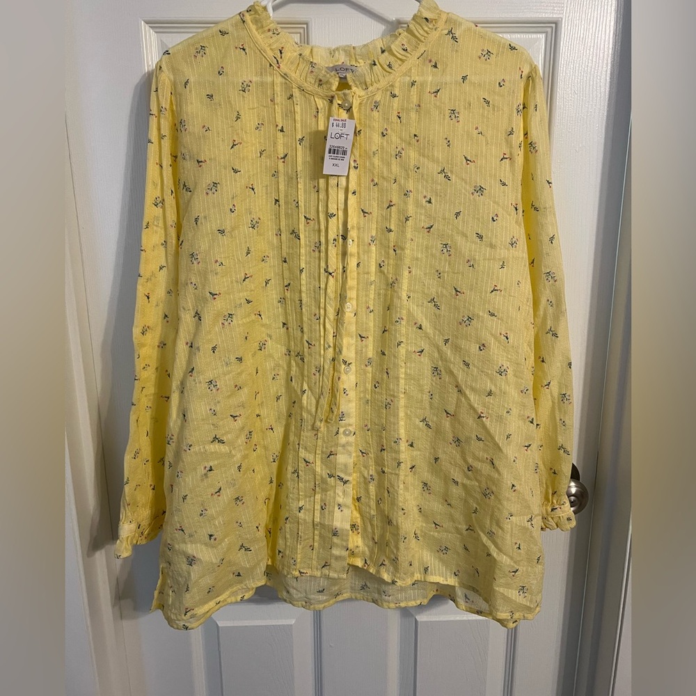 LOFT Yellow Pleated Long Sleeve Blouse